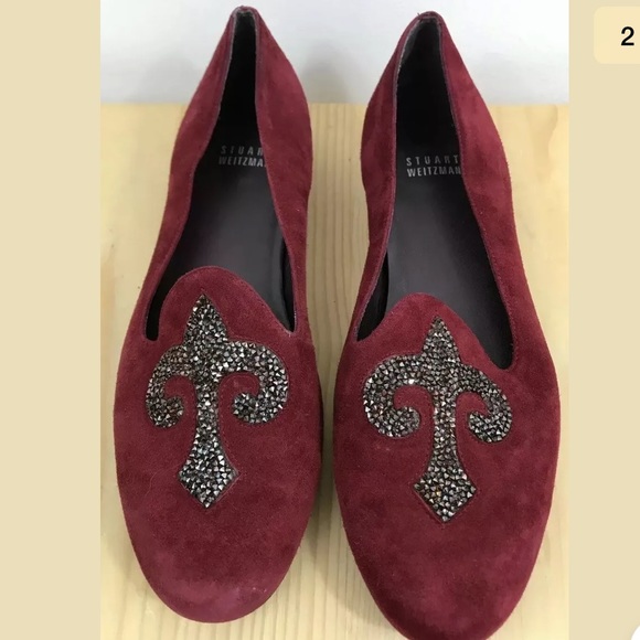 Stuart Weitzman Red Suede Fleur De Lis Loafers - Picture 2 of 8